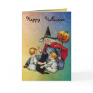  - Wonderful vintage Witch with pumpkin wand, black cat and two children. This delightful Halloween design is full of magic and whimsy. Text says Happy Halloween, but can be changed by you. Inside card has matching colors.: Sizes 