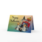 - Wonderful vintage Witch with pumpkin wand, black cat and two children. This delightful Halloween design is full of magic and whimsy. Text says Happy Halloween, but can be changed by you. Inside card has matching colors.: Sizes 