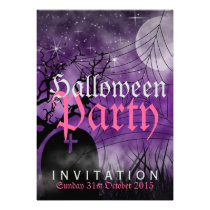 Halloween Moon & Spider Web Purple Invitation