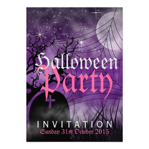 Halloween Moon & Spider Web Purple Invitation