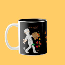 Halloween mummy costume with candy bag. mugs by graphicdoodles Halloween mummy costume with candy bag. mugs