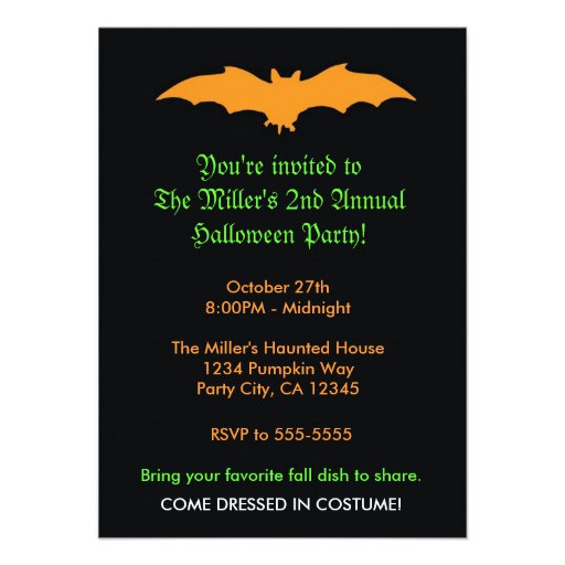 Halloween Orange Bat on Black Party Invitation