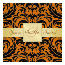 Halloween Orange Damask Black Invitation