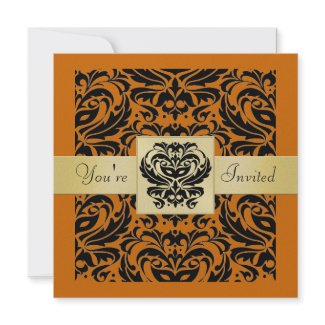 Halloween Orange Mask Black Damask Invitation invitation