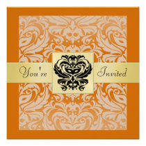 Halloween Orange Mask Damask Gold  Invitation