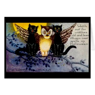 Halloween Owl and Black Cats Greeting Card