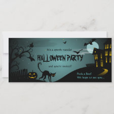 Halloween Party Black Cat Haunted House Blue Custom Invites