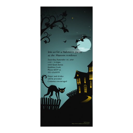 Halloween Party Black Cat Haunted House Blue Custom Invites