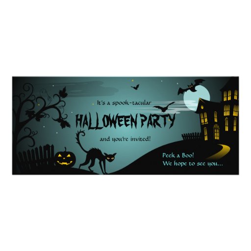 Halloween Party Black Cat Haunted House Blue Custom Invites (front side)