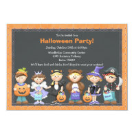 Kids Halloween Party Invitation with cute cartoon of dressed up kids in costumes