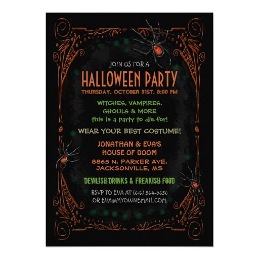 Halloween Party Invitation - Black Orange Spiders (front side)