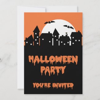 Halloween Party Skyline with Full Moon and Bats Invites