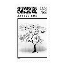 Halloween Postage Stamps - Bats & Crows in Tree