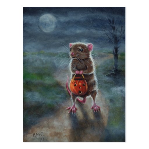 Halloween Postcard Rat Pumpkin night moon fog