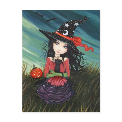 Halloween Postcard Witch Black Cat