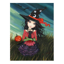 Halloween Postcard Witch Black Cat