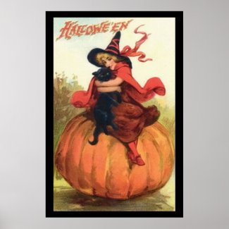 Halloween Pumpkin Witch In Red on top of a pumpkin