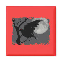 Halloween Raven in Branch with Full Moon Refrigerator Magnets