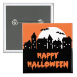 Halloween Skyline with Full Moon and Bats Button