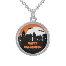 Halloween Skyline with Full Moon and Bats Jewelry