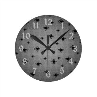 Halloween spiders on gray faded elegant damask round clocks