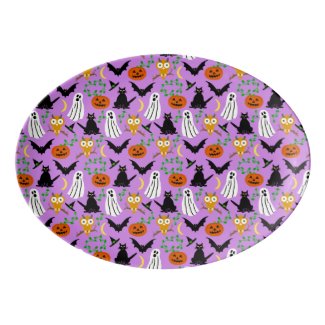 Halloween Theme Collage Toss Pattern Purple Porcelain Serving Platter