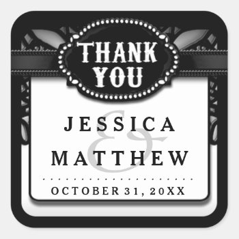 Halloween Wedding Black White Lace Thank You Square Sticker by juliea2010 at Zazzle