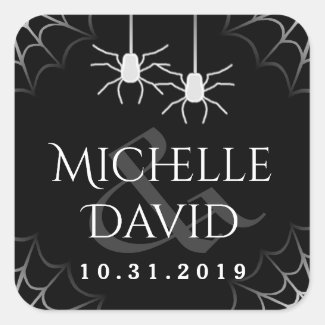Halloween Wedding Black White Spiders Square Label