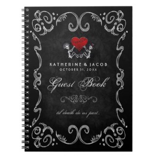 Halloween Wedding Guest Book Gothic Skeletons & Red Heart Spiral Notebook