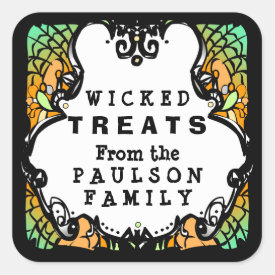 Halloween Wicked Treats Green Orange & Black Label Square Sticker