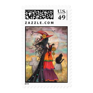 Halloween Witch and Black Cat Postage Stamps