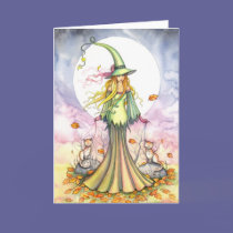 Halloween Witch and Cat Art Card