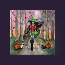 Halloween Witch and Cat Pinback Button buttons