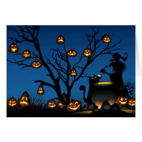 Halloween witch and pumpkins greeting card