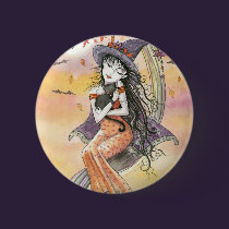 Halloween Witch Black Cat Button Pin buttons
