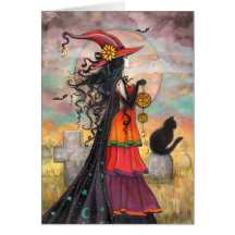 Halloween Witch Black Cat Graveyard Fantasy Art Card