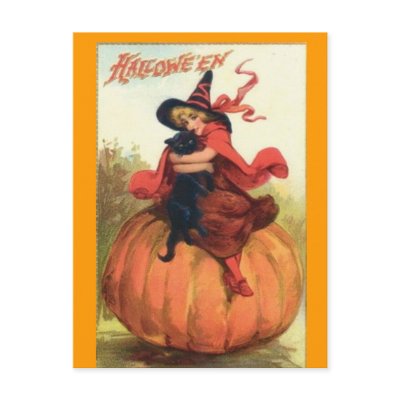 halloween, witch, black, cat, postcard