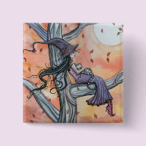 Halloween Witch Cat Button Pin