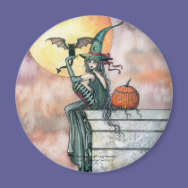 Halloween Witch Cat Magnet by Molly Harrison