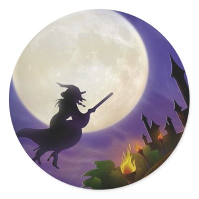 Halloween Witch Full Moon Round Sticker