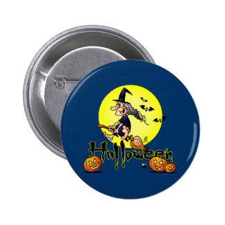 Halloween, witch on a broom, bats and pumpkins 2 inch round button