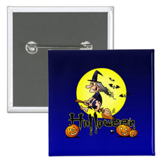 Halloween, witch on a broom, bats and pumpkins 2 inch square button