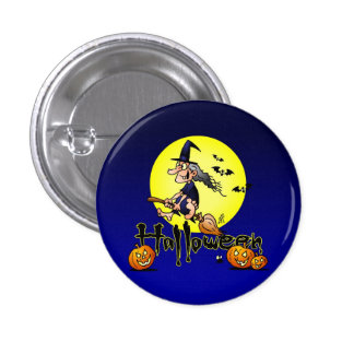 Halloween, witch on a broom, bats and pumpkins 1 inch round button