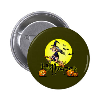 Halloween, witch on a broom, bats and pumpkins 2 inch round button