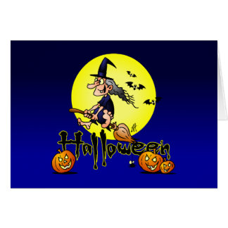 Halloween, witch on a broom, bats and pumpkins greeting card