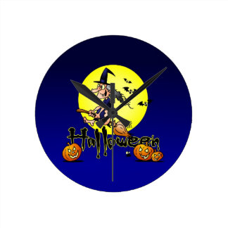 Halloween, witch on a broom, bats and pumpkins round clocks
