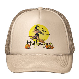 Halloween, witch on a broom, bats and pumpkins trucker hat