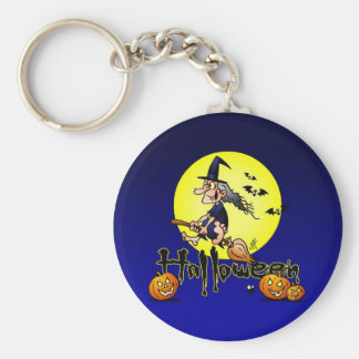 Halloween, witch on a broom, bats and pumpkins basic round button keychain