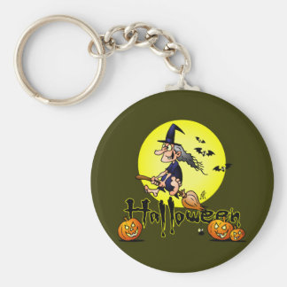 Halloween, witch on a broom, bats and pumpkins basic round button keychain