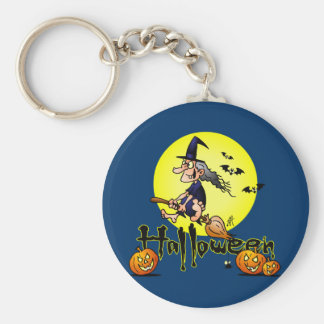 Halloween, witch on a broom, bats and pumpkins basic round button keychain